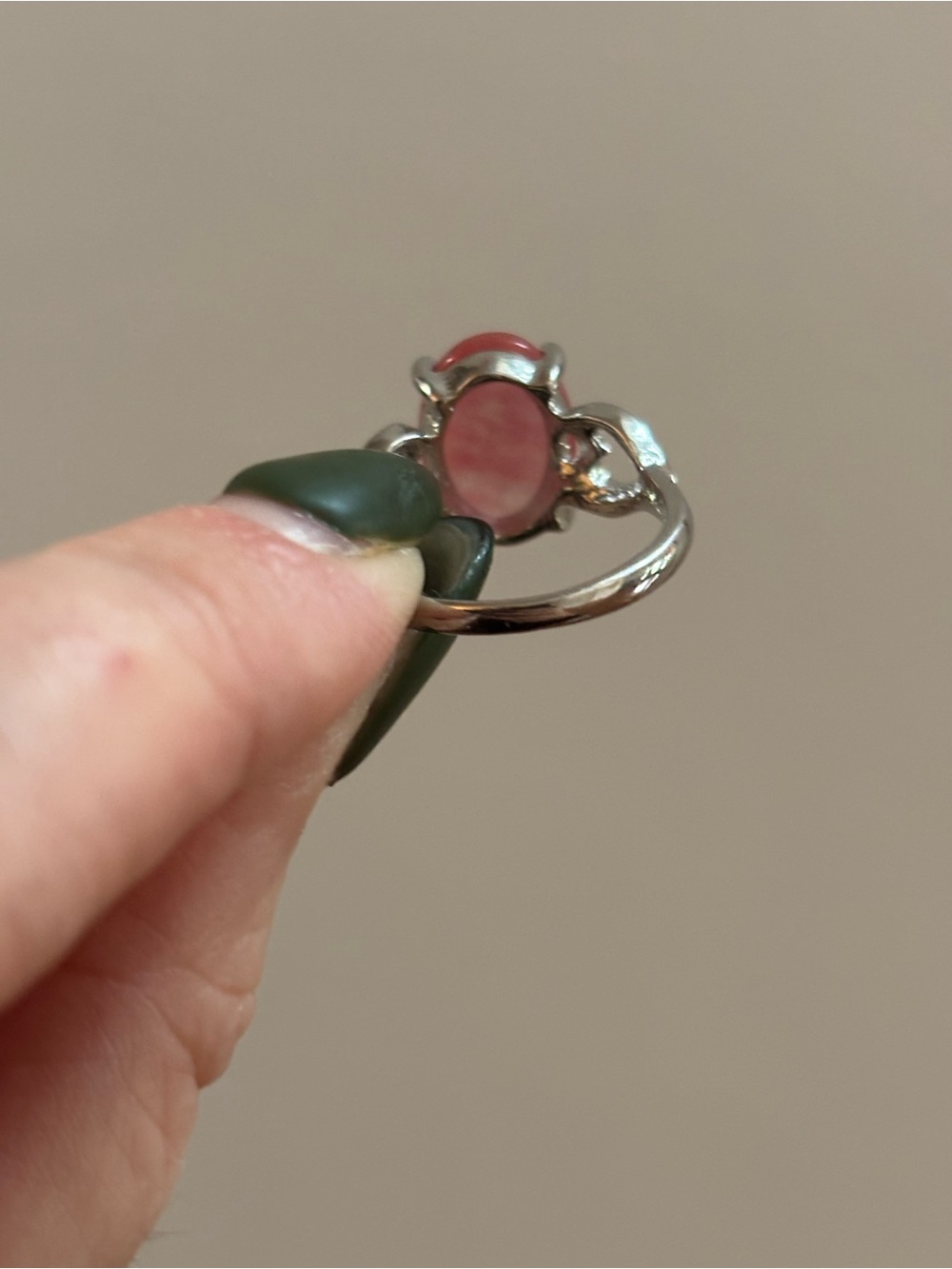 Silver Tone Pink Round Gemstone Statement Ring with Heart Cutouts - Picture 4 of 5